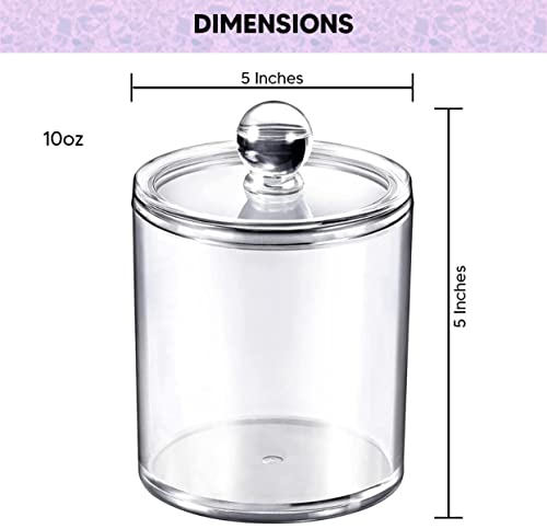 Fantsome 4 PACK Qtip Holder Dispenser for Cotton Ball, Cotton Swab, Cotton Round Pads, Floss Picks - 10 oz Clear Plastic Apothecary Jar Set for Bathroom Canister Storage Organization, Vanity Makeup Organizer