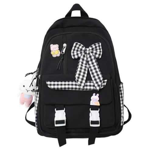 Kawaii Bowknot Big Capacity Backpack with Kawaii Pin and Cute Pendant Accessories for Women Aesthetic Daypack(black)