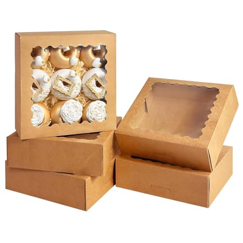 Wonninek Kraft Boxes with Window, 30Pcs - 23 x 23 x 6.5cm Brown Empty Sweet Boxes, 8Inch Bakery Boxes Gift Packing Boxes for Muffins Pastry Cupcake Candy Pie Cookies Desserts