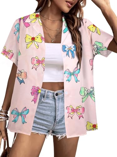 Magic Kingdom Shirts for Women Bow Shirt Coquette Aesthetic Tshirt Hawaiian Vacation Blouses Cute Princess Button Up Top Pink