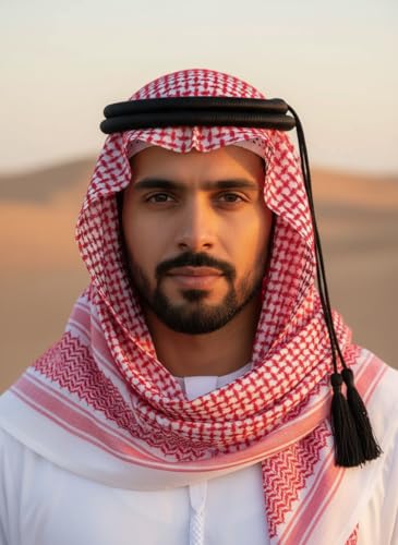 وشاح راس كوفية تقليدي من الشرق الاوسط، نمط مربعات احمر وابيض/ابيض نقي، شريط عقيق اسود قابل للتعديل (احمر، مقاس 57)