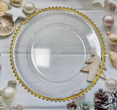 Chefline 13 Clear/Gold Decorative Glass Charger Plates Set of 4 6 or 12 Elegant Dinner Plate for Weddings Parties Christmas & Events Durable & Stylish Sold (6 Clear Plate with Gold Beads)