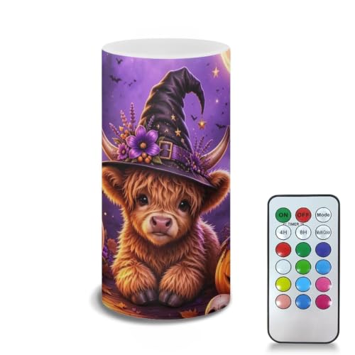 Image of Poceacles Flameless LED Candle Battery Powered Votive Lights Realistic Pillar Candle Decorative Tea Lights for Home Party Indoor Outdoor Decor, Wizard Hat Highland Cow Pumpkin Violet