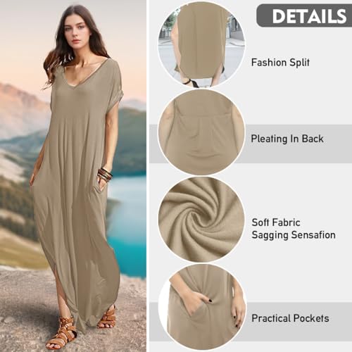 Image of Match Women's V-Neck Casual Loose Short Sleeve Long T-Shirt Dress Split Maxi Dress with Side Pocket