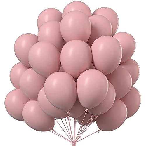 PartyWoo Pink Balloons, 50 pcs 12 inch Dusty Rose Balloons with Balloon Ribbon, Dusty Pink Latex Balloons, Retro Pink Party Balloons for Birthday Party Girl, Pink Party Decorations, Baptism, Wedding