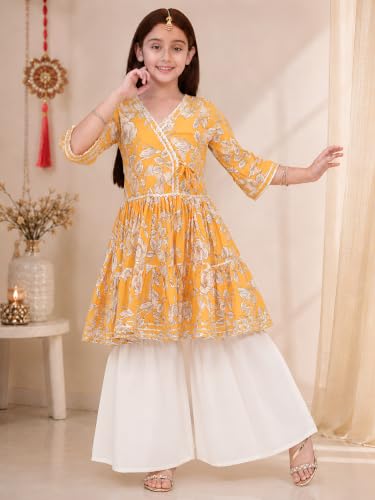 Image of Preneum Girl's Cotton Rayon Floral Printed Angrakha Kurta with Sharara & Dupatta