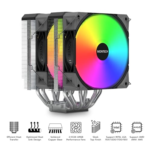 Image of MONTECH NX600 ARGB Dual-Tower CPU Air Cooler with 6 Heatpipes & Premium Top Cover | 28mm E28 ARGB Premium Fan | Soldered Copper Base | Superior Heat Dissipation | All Intel & AMD Socket Support |Black