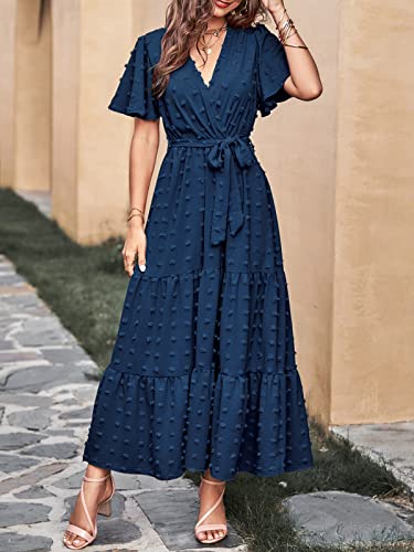 MASCOMODA Womens Summer Swiss Dot Maxi Dressses Wrap V Neck Flutter Short Sleeve Boho Casual Flowy Long Wedding Guest Dress3