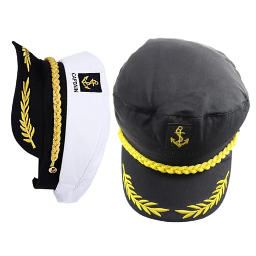 Ciieeo - Ciieeo 2pcs Yacht Captain Boat Hats Set, White and Black Embroidered Sailor Hats for Men, Marine Boating Headwear for Outdoor Travel, Birthday and Wedding Costume Accessories