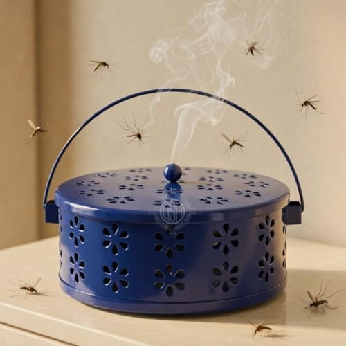 Image of DSH Metal Mosquito Coil Holder with Lid & Handle Ash Catcher Stand for Mosquito Coil Indoor Outdoor Safe Use (Blue)