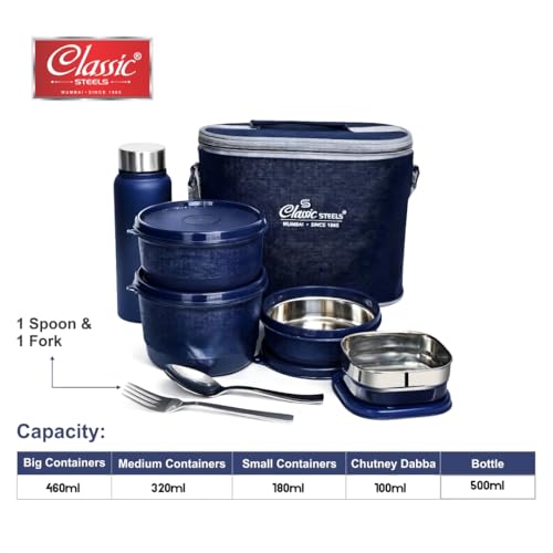 Image of Classic Steels Urban Premium Steel Lunch Box Set of 7 with Insulated Carry Bag Includes 4 Microwave Safe Leak-Proof Containers 1100 ml & 500ml Steel Bottle | BPA Free, Food Grade with Heavy Cutlery