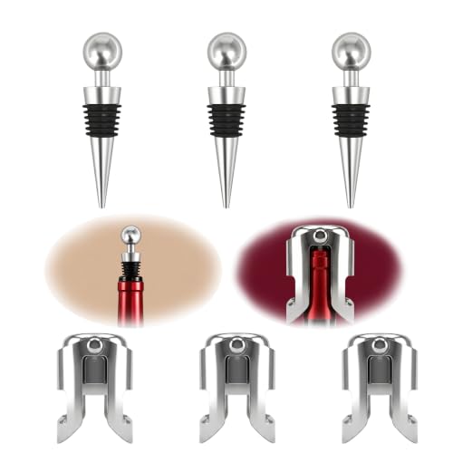 6 Stück Flaschenverschlüsses Set 3 Stück Weinflaschenverschluss 3 Stück Sektverschluss Wein Stopfen Weinstopper aus Edelstahl für Weinsammlung Wein Champagner Beer Saver Sealer