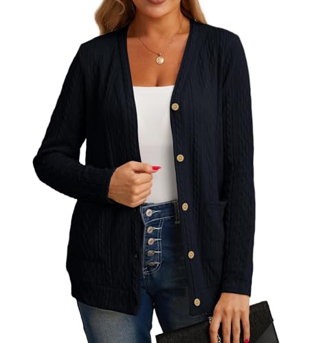GRECERELLE Cárdigan de Punto Mujer Chaqueta para Mujer Elegante Otoño con Cuello Escote en V y Prácticos Bolsillos Suave y Estilosa (Azul Marino, L)