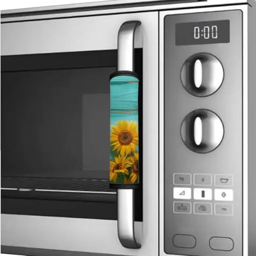 Image of Fridge Door Handle Covers Set of 6 Waterproof Antiskid Protector Decor Handles for Refrigerator, Microwave, Dishwasher, Kitchen Cabinet, Oven, Sunflower Wood Grain Teal