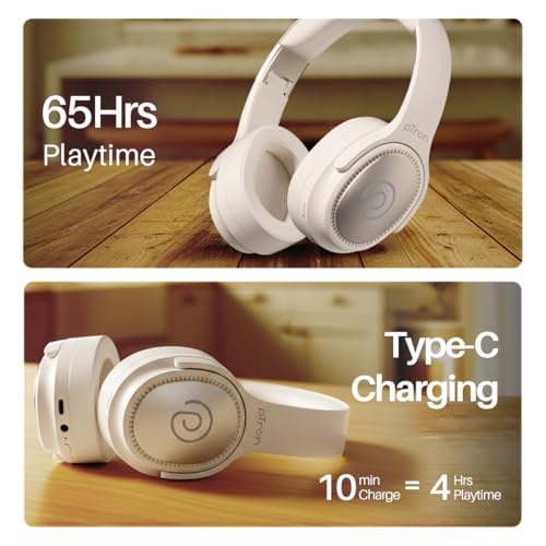 Image of pTron Studio Pro w / 65Hrs Playtime, Wireless Over Ear Headphones with HD Mic, Dual Device Pairing, TruTalk AI-ENC Calls, Low-Latency Game & Music, 40mm Drivers, BT5.4, Type-C Fast Charging (Cream)