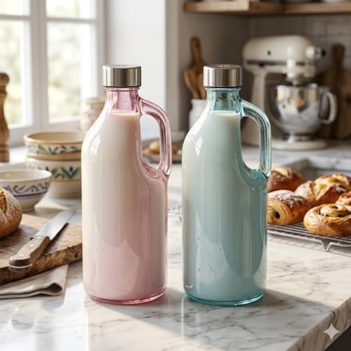 Image of Italian Tempered Glass Milk Bottle Water Bottle with Air Tight Round Cap Freeze Safe 1100 ML (Assorted Color), Pack of 1 (9052 BOTTLE) (2)