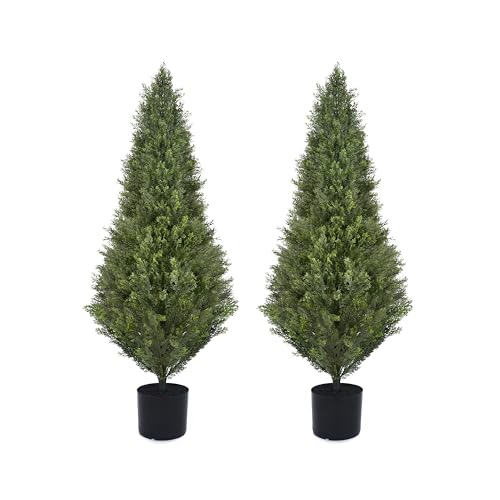 2 Pack 4ft Artificial Cedar Topiary Trees 48in UV Rated Potted Fake Cypress Trees Fake Cypress Pine Tree Heavy Duty Fake Plants Tree Artificial Shrubs Outdoor Indoor Decor