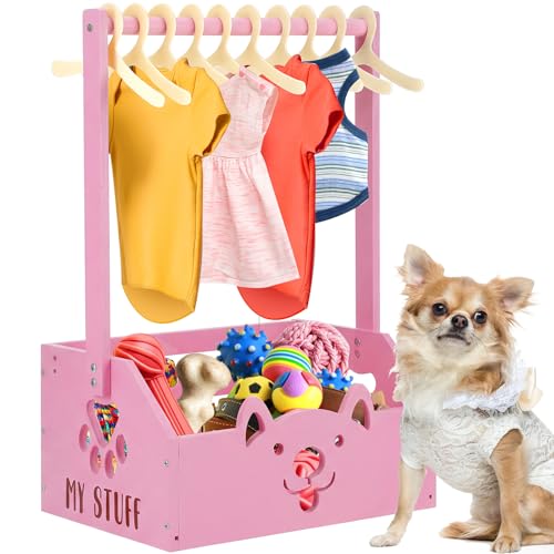 Chunful Dog Closet Wooden Pet Wardrobe Closet Dog Toy Storage Bin with Handle Pet Clothes Rack for Cat Organization and Storage Accessories, 19