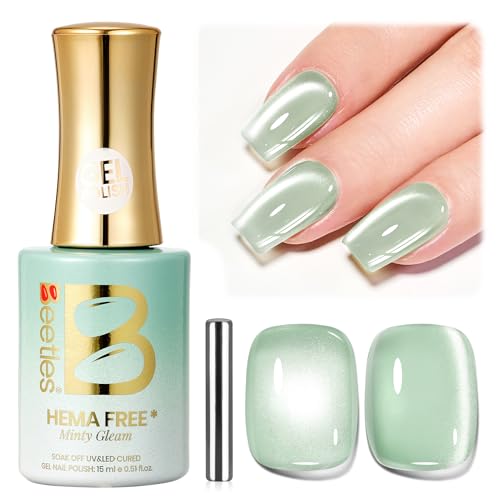 Beetles Minty Gleam Green Cat Eye Gel Nail Polish - 15ML Full Size Glass Green Glitter Cat Eye Spring Gel Polish Magnetic Shimmer Effect Soak Off UV Nail Art Design Salon DIY Manicure Gift for Women