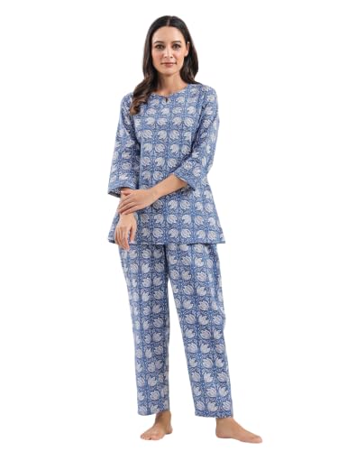 Image of SANSKRUTIHOMES Women's Premium 100% Cotton Printed Co-Ord Set | Short Sleeve Shirt & Pant Set | Pink Checkered Sun & Palm Tree Print | Casual Summer Resortwear, Vacation Wear & Comfortable Loungewear