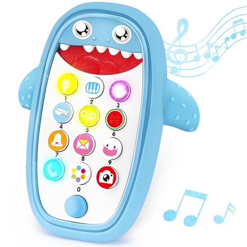 Image of Baby Shark Cell Phone Toy Removable Teether Case, Light, Music Adjustable Volume Kid Play Learn Fake Phone Infant Toddler, Preschool Christmas Birthday Present Gift for Girl Boy 12 Months (Blue)