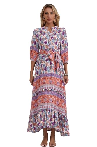Image of Women Boho High-Waist Floral Print Maxi Dress 3 /4 Sleeve Casual | Soft Rayon, Breathable, Quick-Dry. High-Waist with Adjustable Belt, Flattering Hem. Ideal for Beach, Work & Dating.