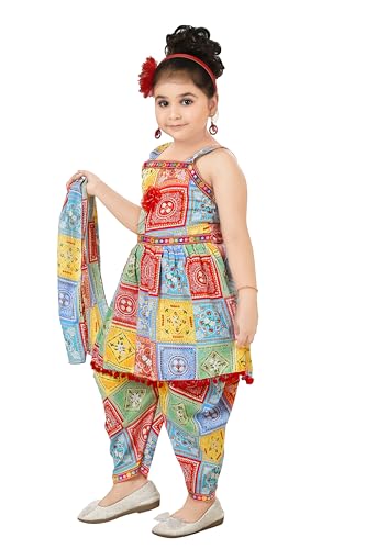 Image of Colourful Ethnic Printed Dress, Dhoti Pant & Dupatta Set for Girls
