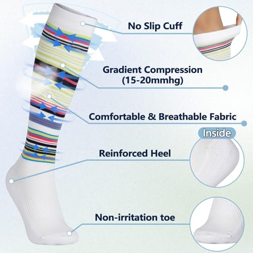 Image of +MD Cotton Compression Socks for Women & Men 4 /6 Pairs 15-20mmHg Knee High for Sports, Travel, Nursing Long Sitting Standing