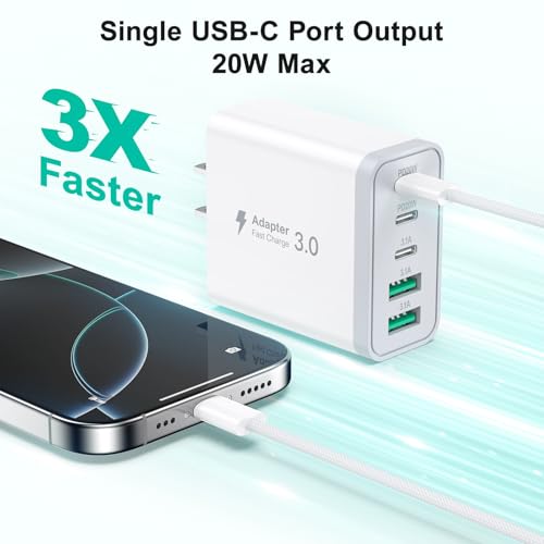 USB C Charger Block, Besgoods Multiple Ports Fast Charging Block 50W USB-C USB A Phone Charger Wall Plug 5 Devices 6ft Braided C to C Cable for iPhone 17 16 Pro Max 15 14 13 12 iPad Pro Galaxy, 2Pack - image 3