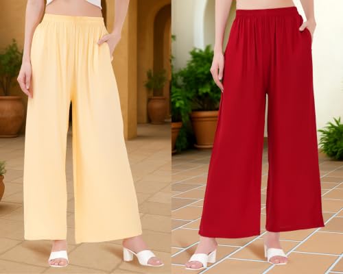 Image of Buy That Trendz Palazzo Pants for Women Rayon Elasticated Regular Fit Flared Wide Leg M to 6XL Pack of 2