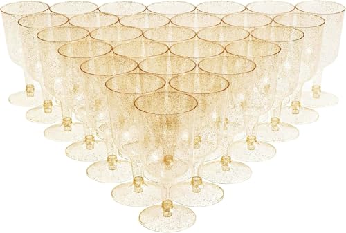 MATANA 50 Verres à Vin en Plastique avec Paillettes Dorées, 170ml - Solides et Réutilisables - Gobelets pour Cocktails, Dessert - Parfaits pour Les Fêtes,...