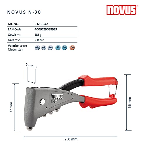 Novus Blindnietzange N-30, ergonomische Profi-Nietzange, Nietenzange mit 1-Hand-Bedienung, Aluminium, Stahl