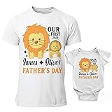 Personalized Matching Our First Father's Day T-Shirt Onesie Gift for Best Dad Papa Grandpa Ever | Funny Customize Baby Bodysuits & Shirt Gifts for Doughter and Son | Daddy and Baby Wolf | C02 | D04