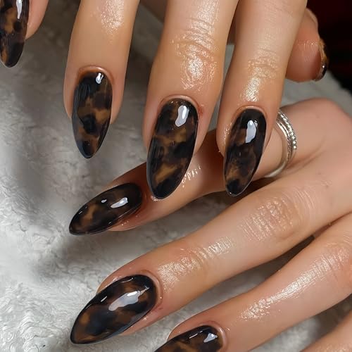 KQueenest Brown Press On Nails Almond Medium Amber Leopard Print Nails Press ons Marble Design Full Cover Tortoise Shell Fake Nails With Glue Reusable Soft Gel Glue on Nails for Women 24 Pcs