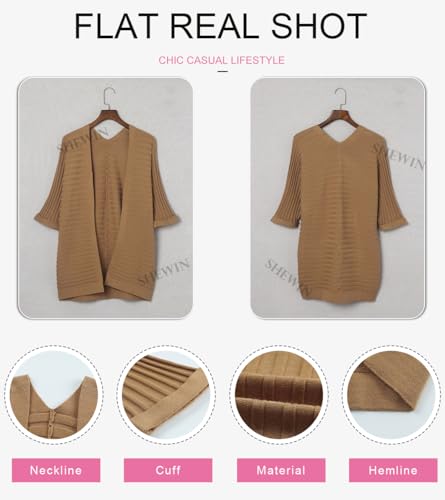SHEWIN Womens Casual 3/4 Short Sleeve Open Front Lightweight Summer Kimono Cardigan Soft Cable Knit Sweaters Outerwear,US 12-14(L),Brown