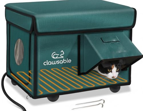 Indestructible Heated Cat House for Outside Cats Winter, 100% Weatherproof, Safe Escape Door, Insulated Outdoor Cat Shelter with Heater for Feral Barn Cat Kitty (Forest Green, 13"x17"x12.6")