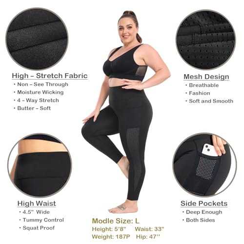 Plus Size Leggings with Pockets for Women, High Waisted Black Yoga Pants Workout Leggings, Mesh ActivewearWomens Gym Clothes L - Afbeelding 5