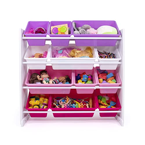 Image of Humble Crew Toy Storage Organizer with 12 Removable Storage Bins for Kids Playroom, 4-Tier Toddler Toy Organization, White /Purple /Pink