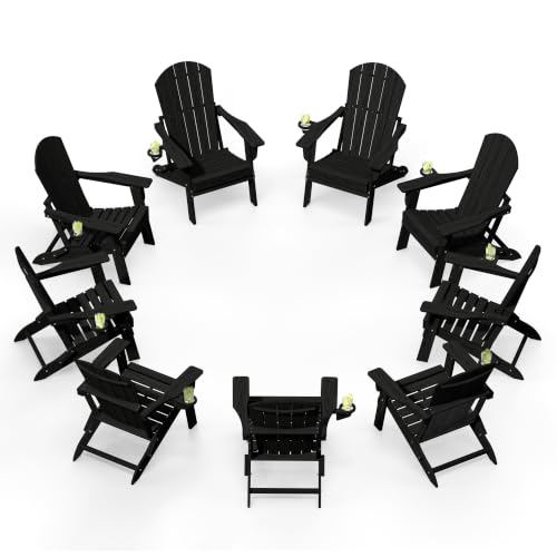 Image of Plawdlik Folding Adirondack Chair 9-piece Set, Cup Holder, Black | pin-free folding, 38-in tall back, Wood-grain All-weather HDPE; for fire pit, poolside, deck, backyard, patio