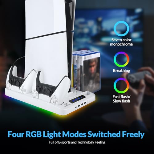 reiie PS5 Slim Cooling Stand with Dual Controller Charging Station, Multi-functional PS5 Slim Stand with RGB Light&Headphone Hook&2-Level Silent Fan for PS 5 Slim Digital/Disc - Cosy Home Interiors reiie PS5 Slim Cooling Stand with Dual Controller Charging Station, Multi-functional PS5 Slim Stand with RGB Light&Headphone Hook&2-Level Silent Fan for PS 5 Slim Digital/Disc - Image 4