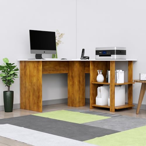 Image of Bniture Wooden Study Table for Home | Engineered Wood Study Table with Shelf Storage | L Shape Multi Purpose Computer Desk for Writing & Study | Laptop Table for Study Room | Giant Wood & Frosty White