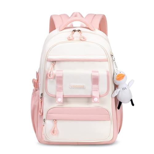 Zaino Casual Donna Scuola Porta PC Università Ragazza Cartella Color-blocking Daypack Borsa zaino viaggio Adolescenti Backpack con un ciondolo carino Rosa