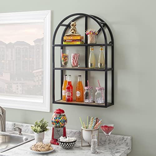 Brandt Cathedral Wall Shelves in Black Metal with Mango Wood Shelves by Powell