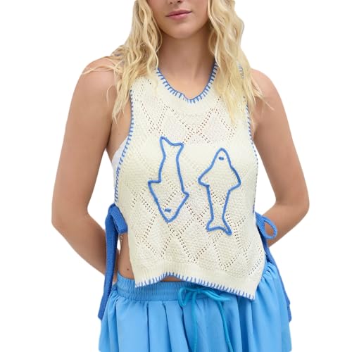 Image of Women Graphic Sweater Vest Y2k Sleeveless Lobster Pullover Top Crew Neck Lightweight Fall Knit Tank Top (Tie White Fish,L)