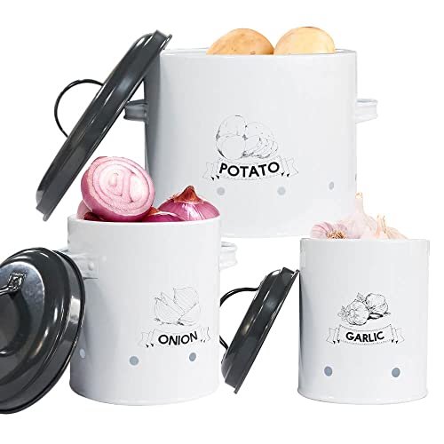 SOTECH Potato Onion Garlic Storage Bin with Lid Set of 3 Kitchen Pantry Organizer and Tin Vegetable Keeper Ventilated Vintage Grey and White Farmhouse Metal Containers Keeps Vegetables Fresh by SOTECH - Used condition - Image 9