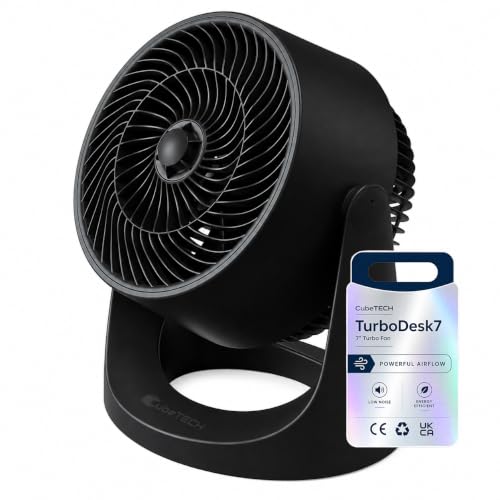 Image of CubeTECH TurboDesk7 7 Inch Air Circulator Fan, Quiet Desk Fan with 3 Speeds, 90° Adjustable Tilt, 35-40W AC Motor, Black, CTDF200-B