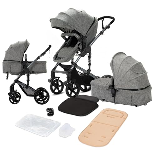 2 in 1 Baby Stroller, Reversible Newborn Foldable Pram, Infant High Landscape Pushchair, Portable Standard Stroller, Reclining Buggy, Baby Carriage (2US588-Grey)
