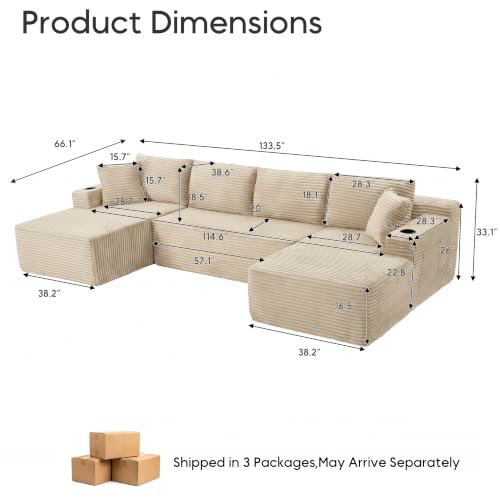 Image of 133 inch Oversized Cloud Boneless Sofa Couch with Chaise, Modern Corduroy U Shaped Modular Sectional Sofa with Deep Seat, Comfy Couch with Cupholders and Storage, No Assembly Required-Camel