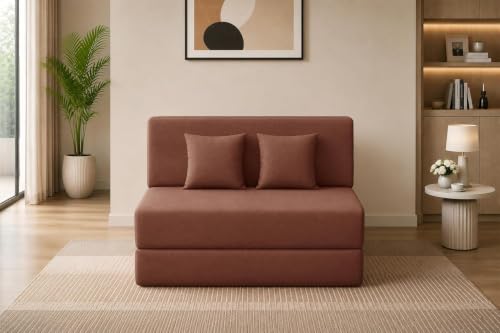 Image of Los Angeles 2 Seater Foldable Sofa Cums Bed, Sofa Bed 4 X 6 Feet Jute Fabric Washable Cover- Including Cushion Perfect for Living Room - Brown Color