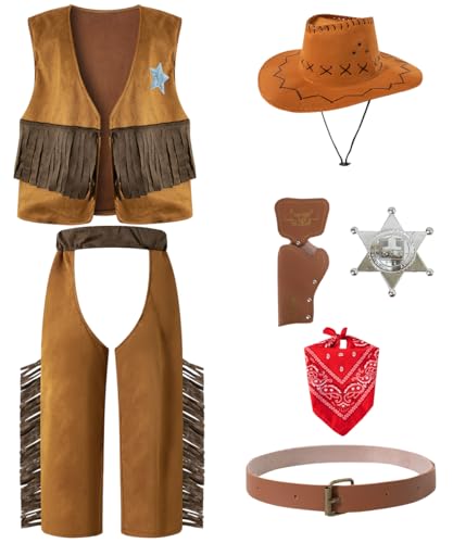IWALUE Disfraz de vaquero para niños y niños, disfraz de Halloween, fiesta de disfraces, cosplay, con bandana y sombrero de vaquero (marrón, 9-10 años)
